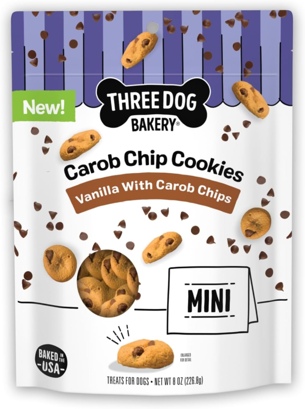 Three Dog Bakery Mini Carob Chip Cookies for Dogs, Crunchy Dog Treats with Real Ingredients, 8 Oz