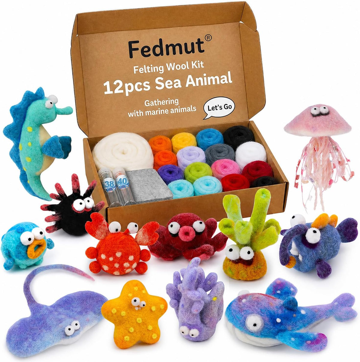 Needle Felting Kit, 12 Sea Animal, 42 Colors Wool Felting Kit for Beginners