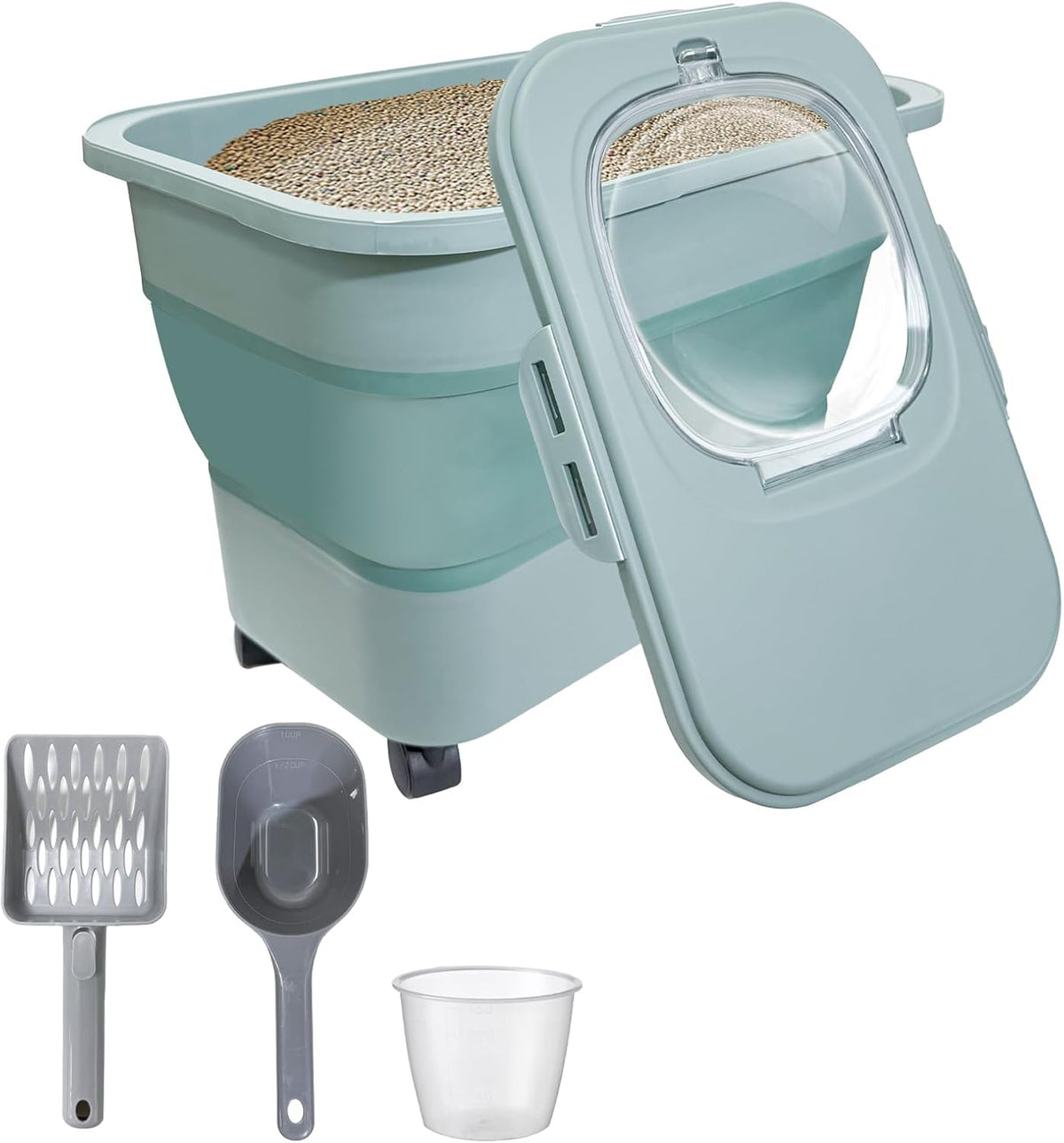 Collapsible Cat Litter Storage Container with Rolling Casters,20 Lbs Cat Litter Storage with Wheels,Airtight Lids,Cat Litter Shovel,Portable Cat Litter Storage Bin Container,Bpa Free (Green)