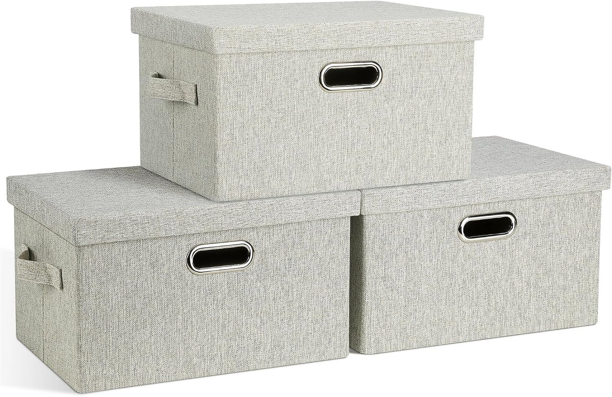 Graciadeco Medium 15" 21 Quart Collapsible Stackable Storage Bins with Lids, 3 Packs Beige Foldable Fabric Closet Boxes Heavy-Duty Linen Cube Baskets Container for Bedroom Office (15 X 11 X 8)