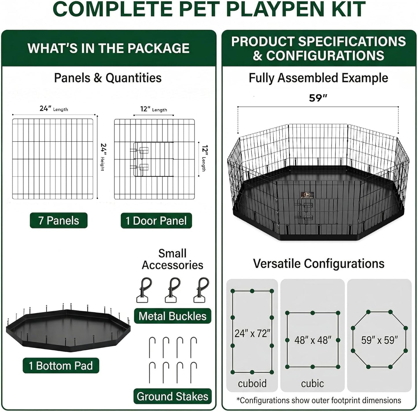 Pjyucien Dog Playpen with Bottom Pad - Metal Foldable Exercise Pen, 8 Panels 24" H X 24" W Indoor Outdoor Pet Fence Puppy Crate Kennel, Black