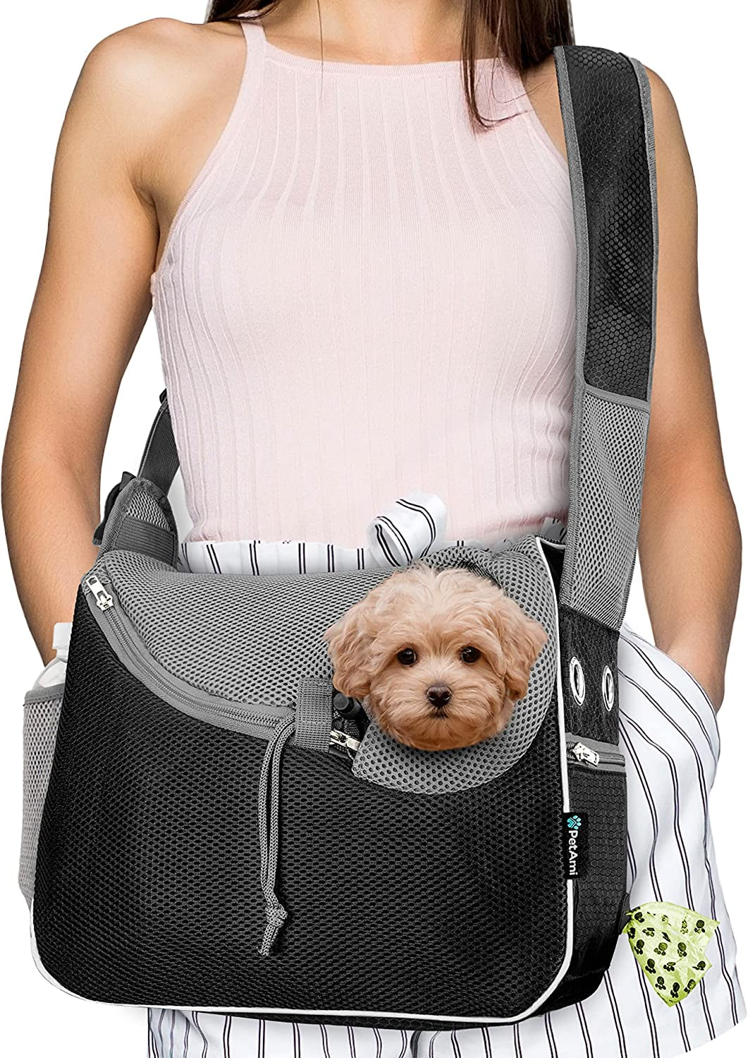Petami Dog Sling Carrier for Small Dog, Hands Free Crossbody Carrier, Black