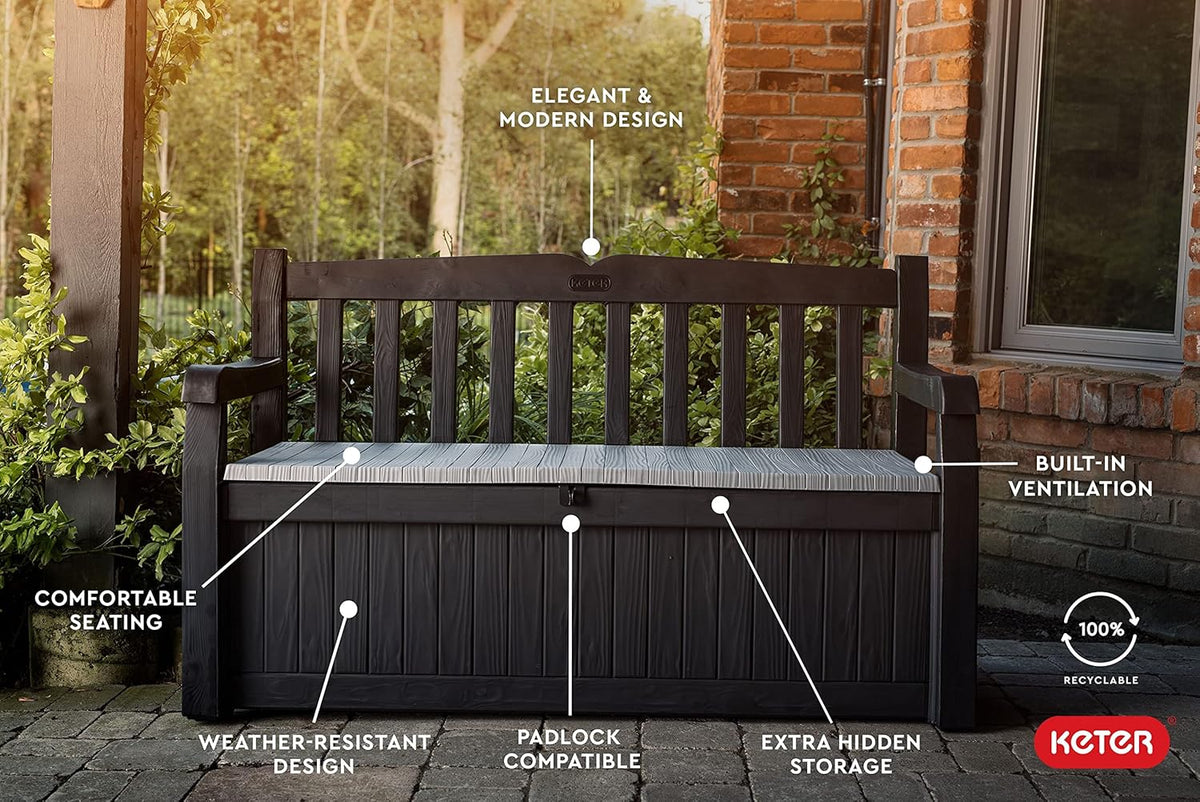 Keter Solana 70 Gal Outdoor Storage Bench for Patio and Pool Accessories