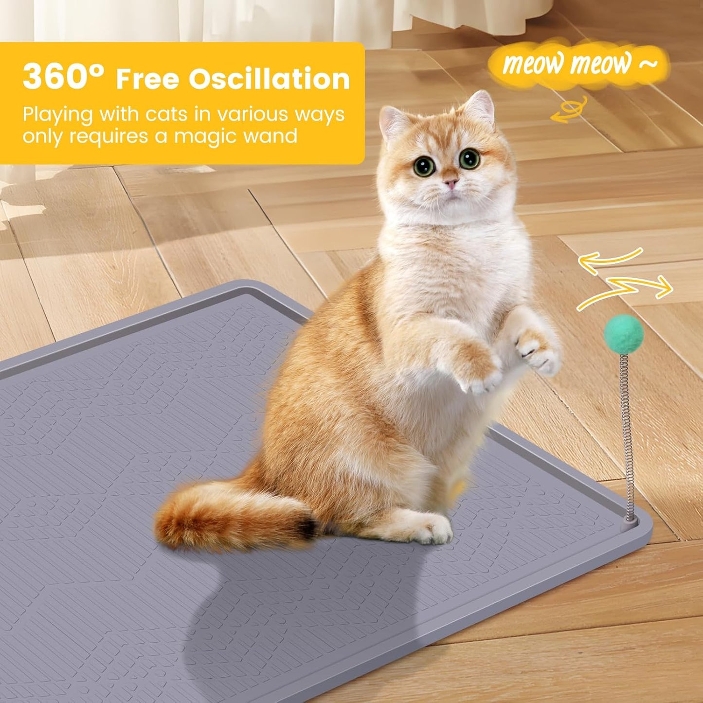 Silicone Cat Litter Mat with Toy, 38X25 Inch Large - Waterproof, Easy Clean Trapping Mat for Kitty Litter Box, Non-Slip Litter Box Mat for Hardwood Floors & Carpet Protection (Grey)