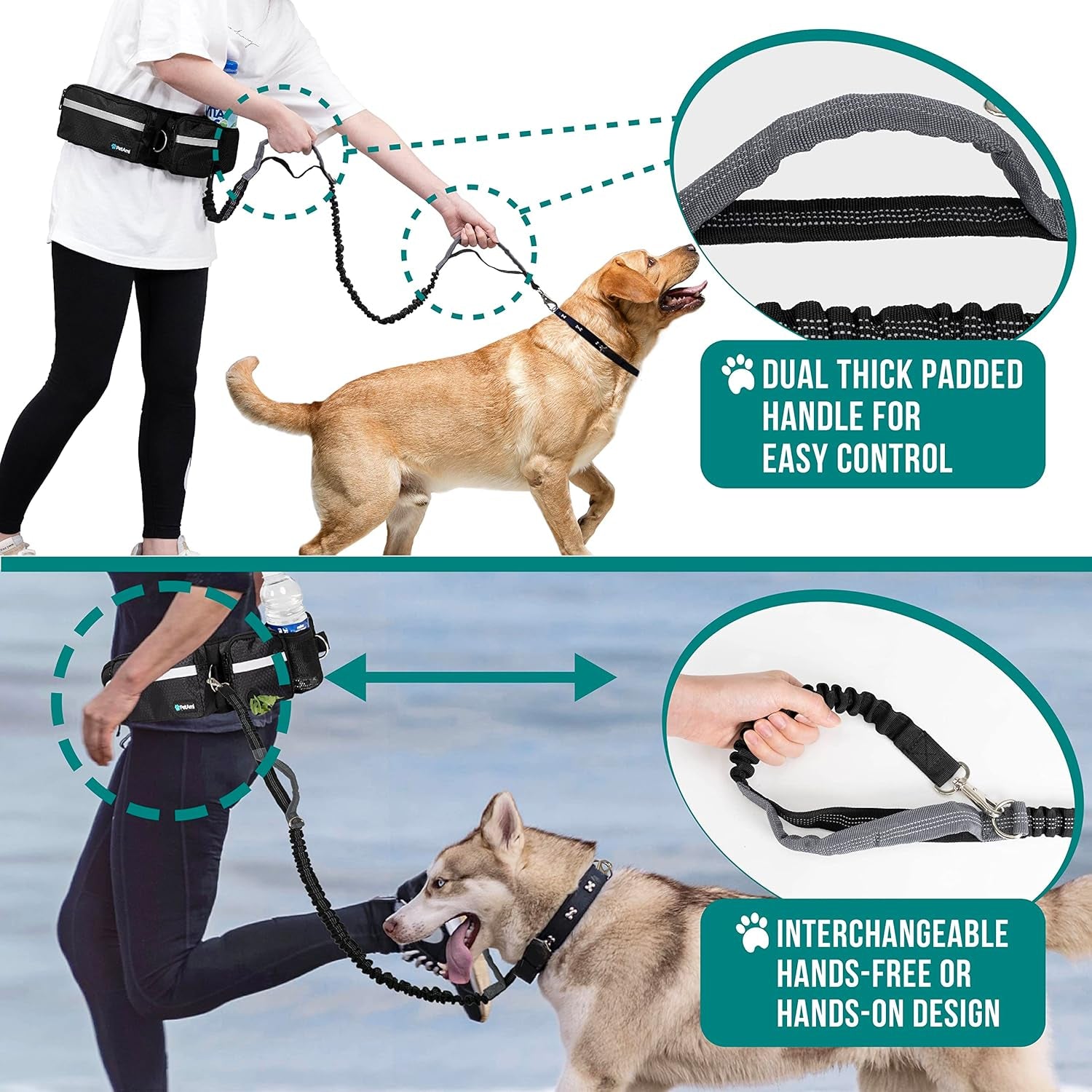 Petami Hands Free Dog Leash, Dog Running Leash Belt Bag for Walking, Jogging, Dog Waist Double Zipper Pouch with Poop Bag Dispenser, Dual Padded Handles Reflective Bungee Leash, Double (Black)