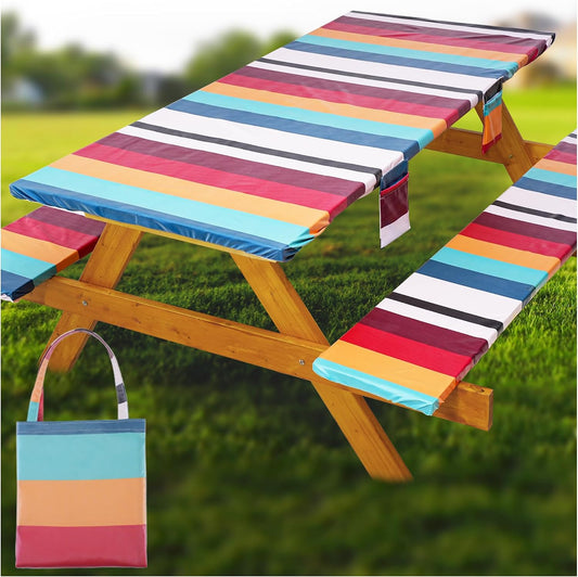 Fitted Picnic Table Cover with Bench Covers Waterproof Elastic Edges Rectangle Patio Tablecloth Outdoor Camping Essentials Stuff Rv Accessories Summer Trip Travel Supplies Party Camper Gifts, 6 Ft