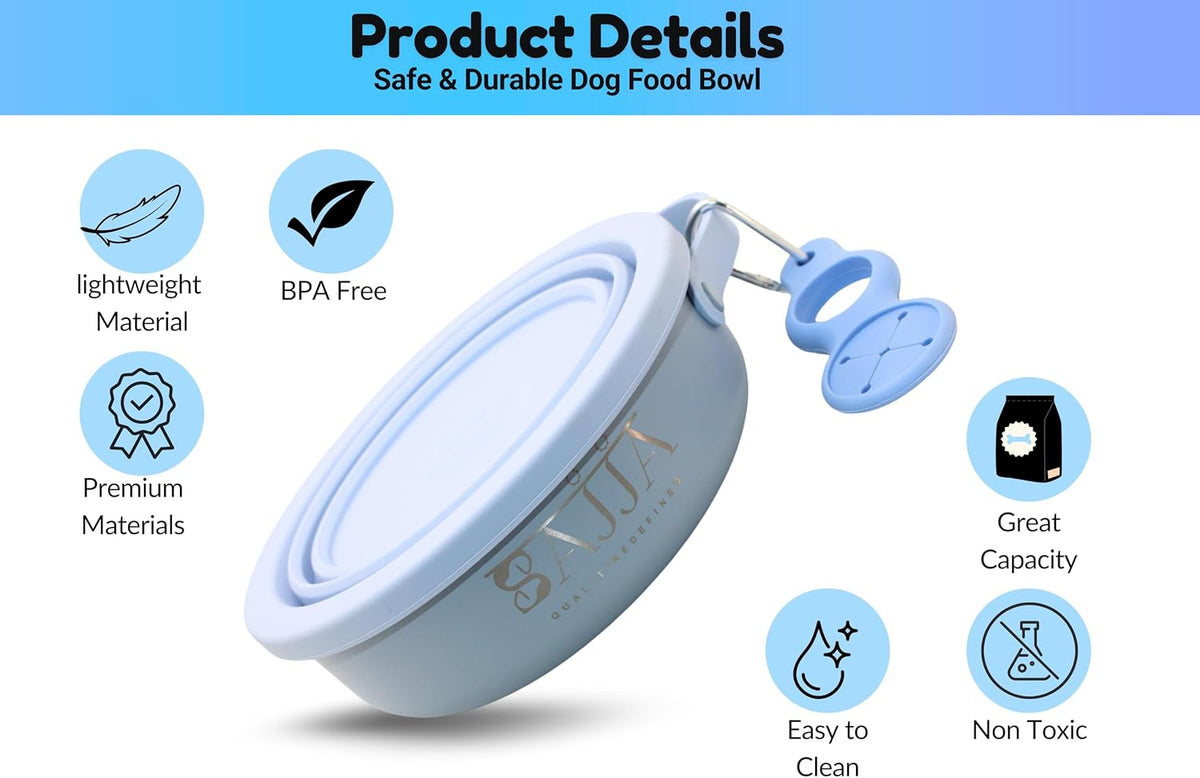 Blue Slow Feeder Travel Dog Bowl Set – 30Oz Stainless Steel + 20Oz Collapsible Silicone Dish + Silicone Slow Feeder Insert | Water Bottle Holder | Non-Slip, Anti-Choking, Bpa-Free – Claim