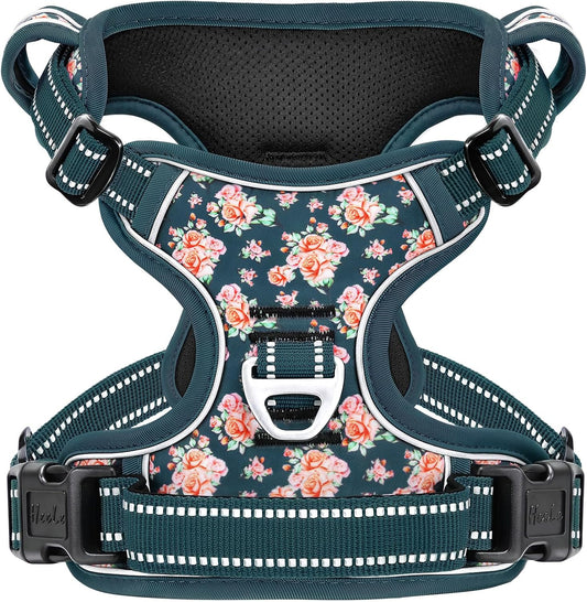 HEELE Dog Harness, Reflective, No Pull No Choke, Flower Blackish Green, M