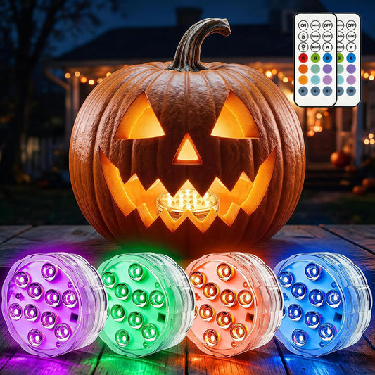 Pumpkin LED Lights with Remote, Halloween Lights, Battery Powered RGB Submersible LED Lights for Jack O Lanterns, Halloween Decorations, Parties and More (4-Pack)