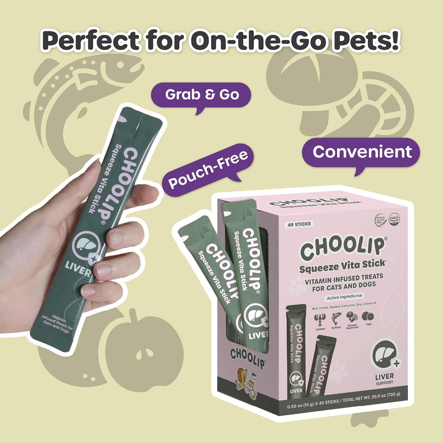 Choolip Squeeze Vita Stick Lickable Cat and Dog Treats, 49-Count Liver Support Variety Pack, Salmon and Lobster with Milk Thistle, Coq10 and Vitamin E