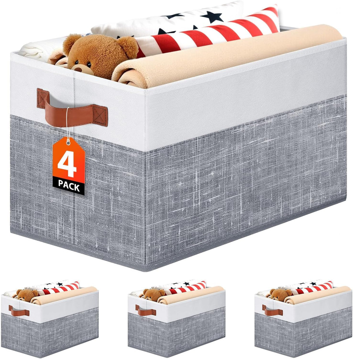 Fab Totes Collapsible Storage Baskets for Shelves,14"X10", 4 Pack Foldable Fabric Storage Bins with Double Leather Handles, Large Baskets for Organizing Books, Clothes, White & Grey