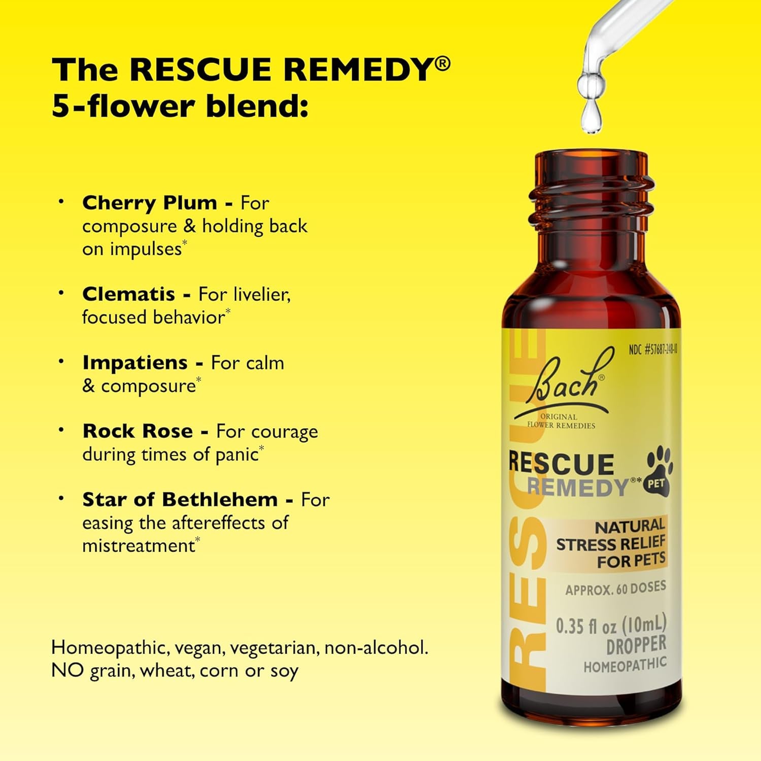 Rescue Remedy Pet Dropper - 10Ml - Stress & Tension Support for Dogs & Cats with Bach Natural Flower Essences - Sedative-Free, Homeopathic Liquid Formula - for All Breeds, Ages & Weights