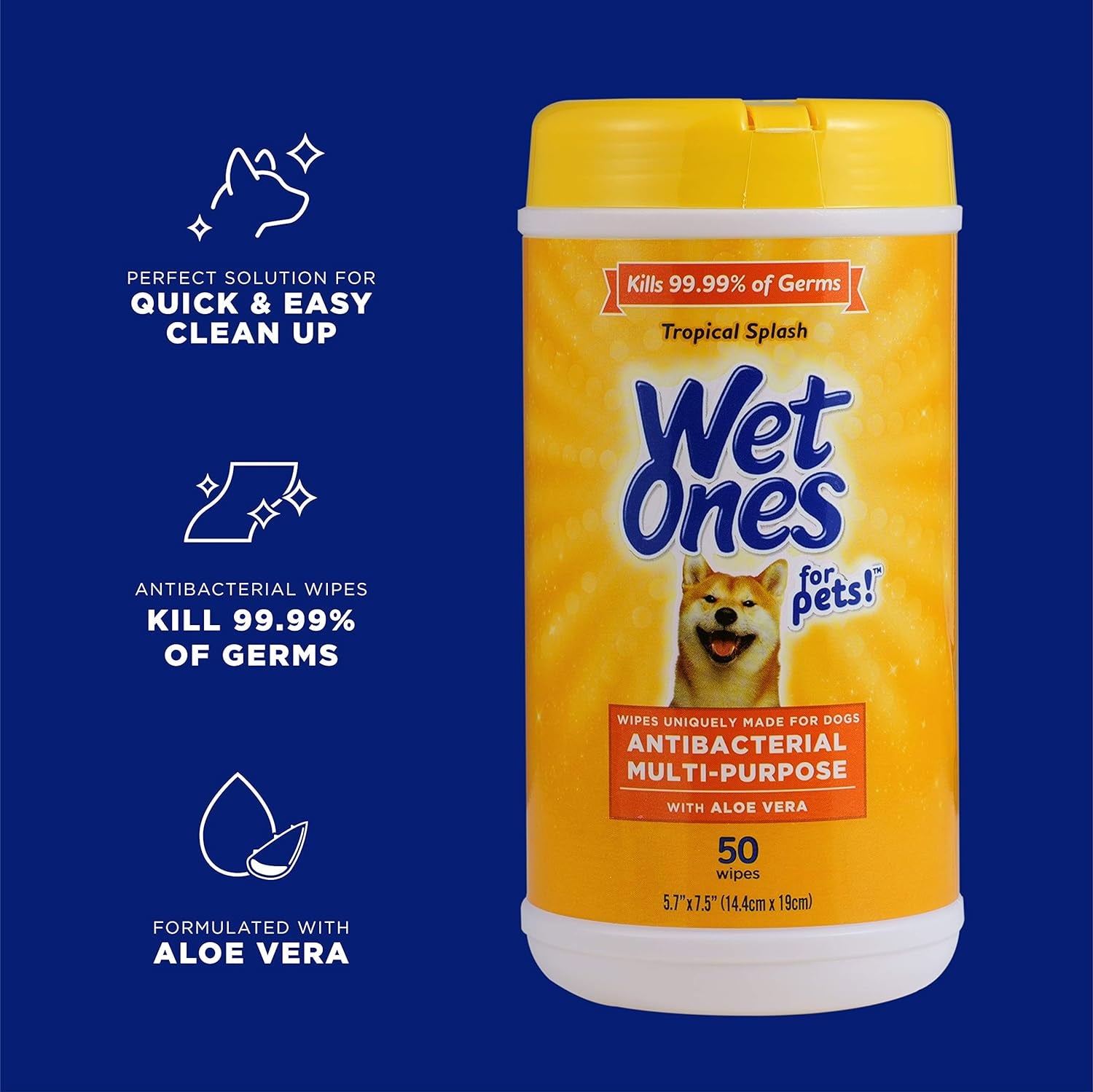 Wet Ones for Pets Antibacterial Dog Wipes, Multi-Purpose Grooming Wipes with Aloe Vera for Paws, Face & Body, Easy Cleanups between Baths, Tropical Splash Scent, 5.7 in X 7.5 In, 50 Count - 3 Pack