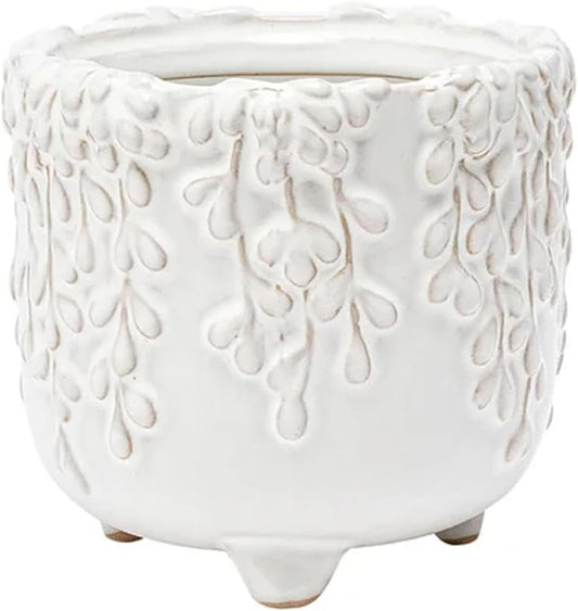 Napco Embossed Leaf Vine Floral 3.25 X 3 X 3 Inches White Ceramic Flower Succulent Plant Pot Planter Container Holder, Indoor Outdoor Garden Décor