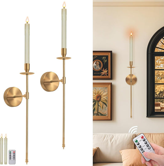 Candle Holder Wall Sconces Set of 2 with Battery Operated Candles and Remote Control, Wall Sconces Home Decor, Battery Candles Candle Sticks Holder with Flameless Flickering Taper Timer Gold