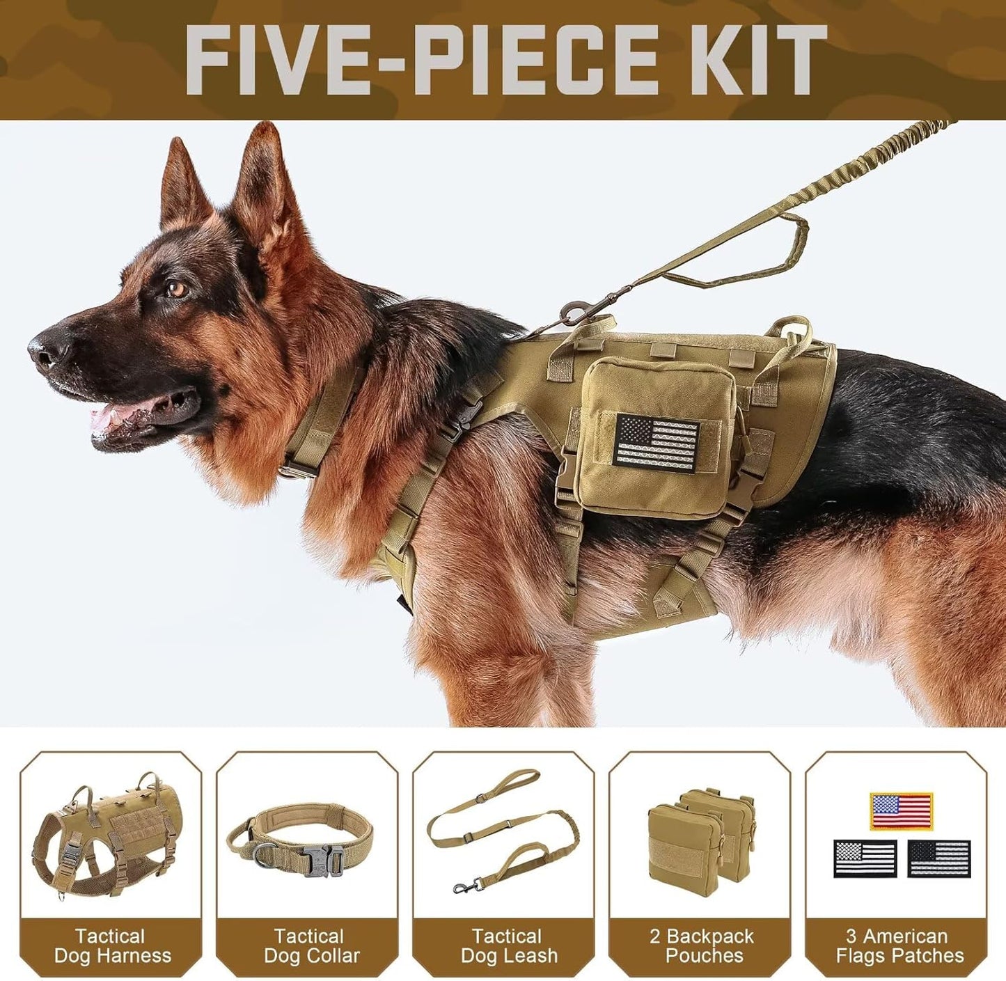 Forestpaw Tactical Dog Harness for Large Dogs,Tactical Dog Collar with Bungee Leash Set,No Pull Military Dog Harness for Walking Training,Adjustable for Medium Large Dogs,Khaki,Chest 21.5-45"