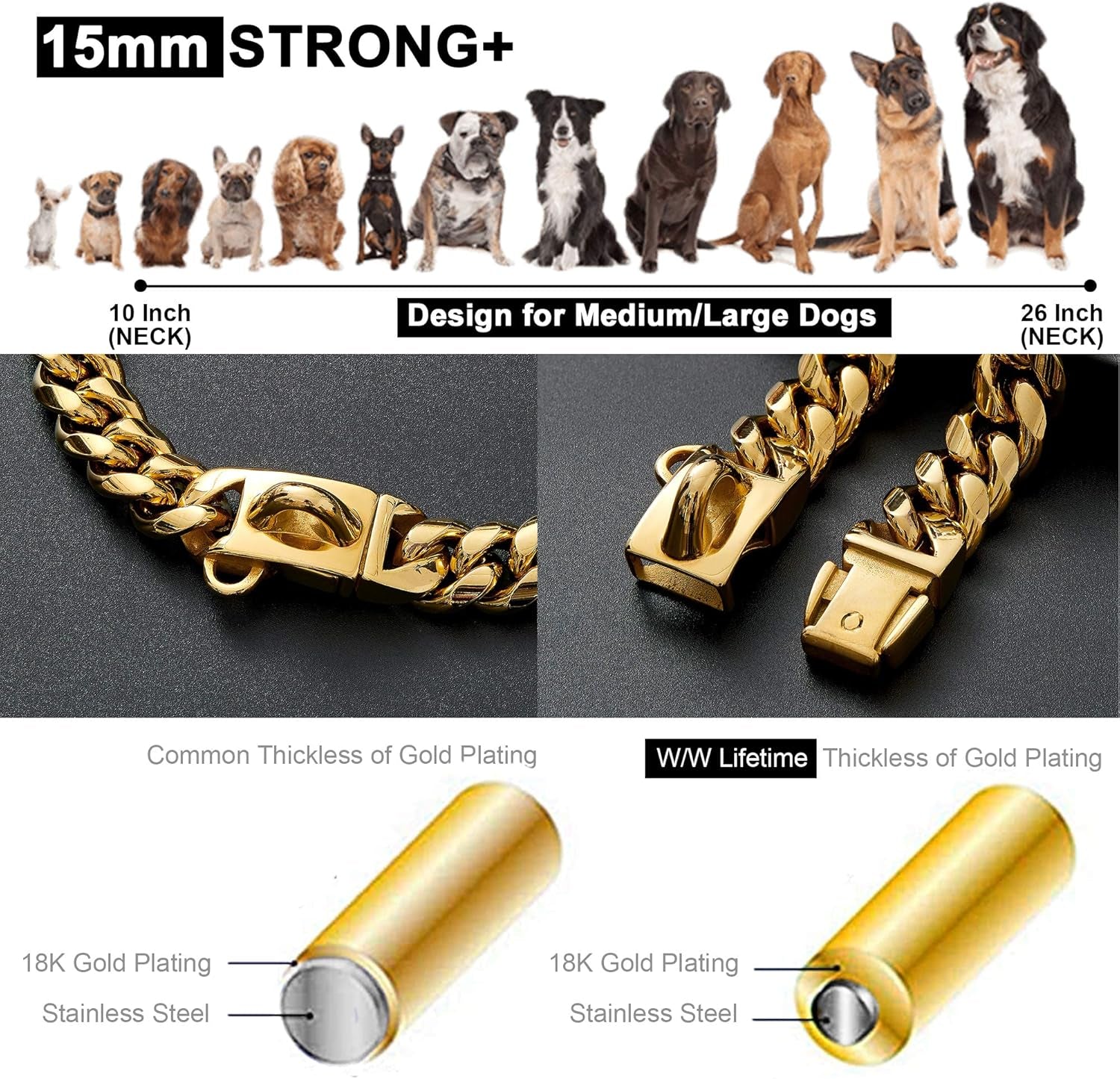 Gold Dog Chain Collar Walking Metal Chain Collar with Design Secure Buckle,18K Cuban Link Strong Heavy Duty Chew Proof for Medium Dogs(14Mm, 16")