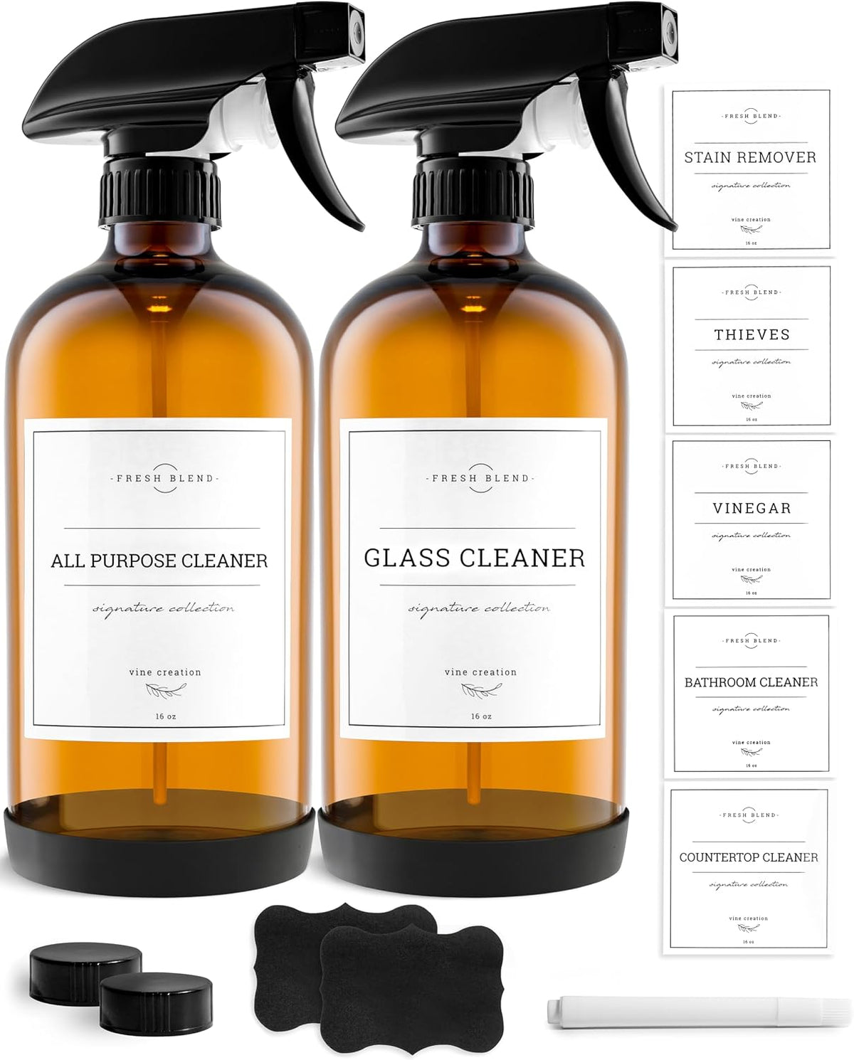 Vine Creations Amber Glass Spray Bottles, 2 Pack Glass Refillable Bottles for Cleaning Solutions, 16 Oz Spray Bottle for Cleaning, Mister Spray Bottle, Amber Spray Bottles with Waterproof Labels