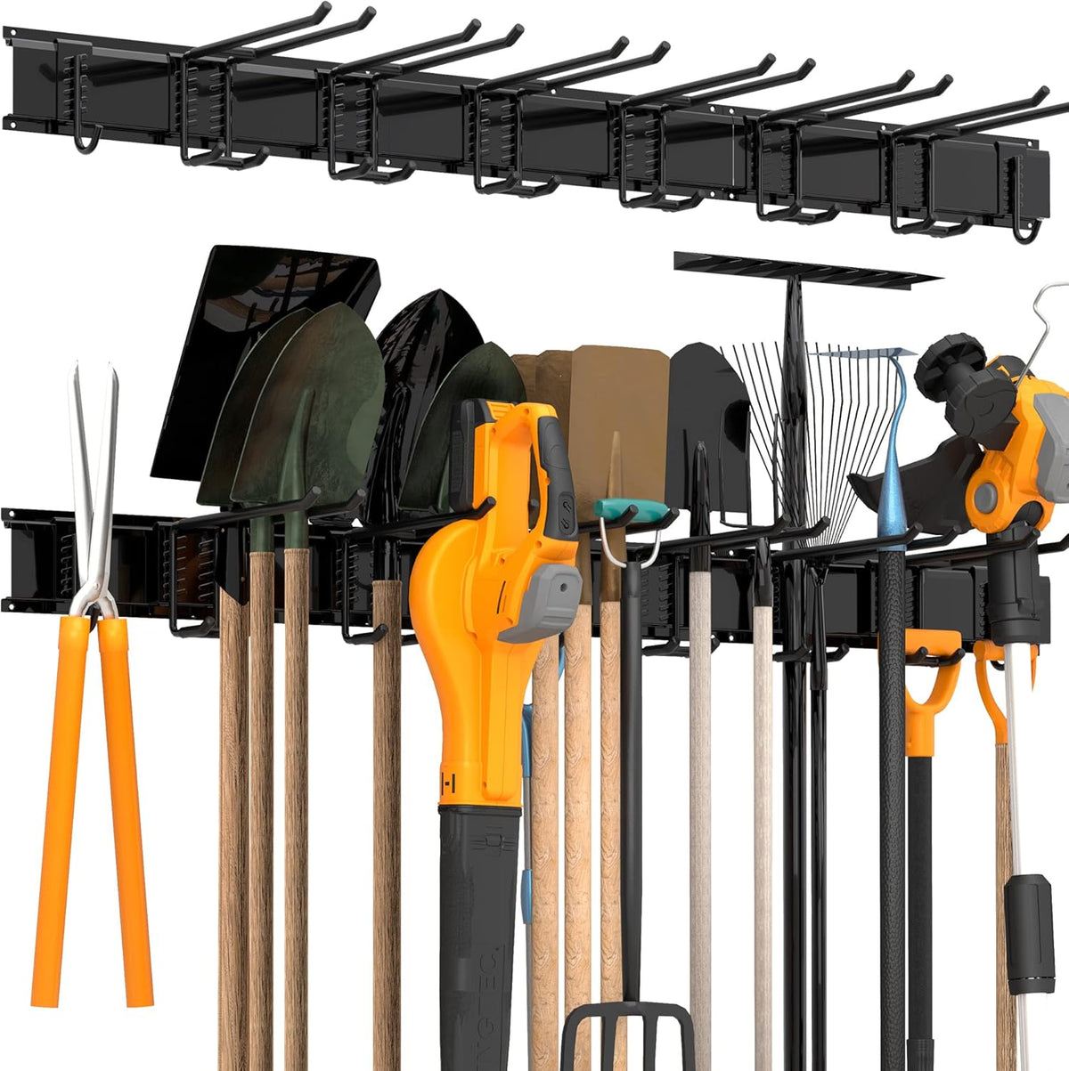 Sttoraboks Garage Wall Organizer, Heavy Duty Tool Hangers for Garage Wall with 8 Double Hooks & 3 Rails, Tool Organizer Wall Mount, Garage Hanging Storage Rack for Shovel, Rake, Broom and Ski Gear