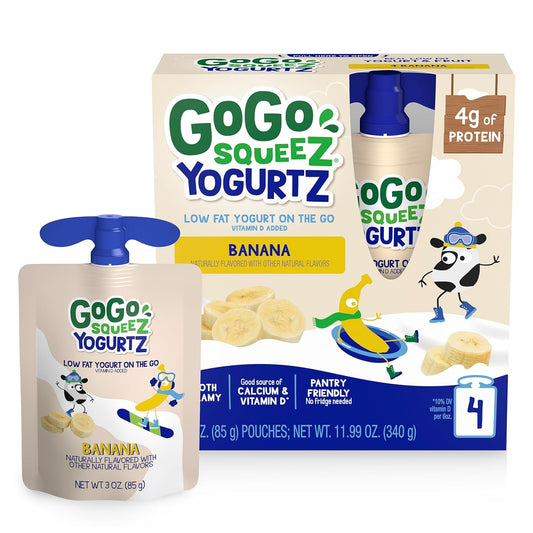 Gogo Squeez Yogurtz Banana, 3 Oz (Pack of 4), Kids Snacks Made from Real Yogurt and Fruit, Pantry Friendly, No Fridge Needed, Gluten Free and Nut Free, Recloseable Cap, BPA Free Pouches