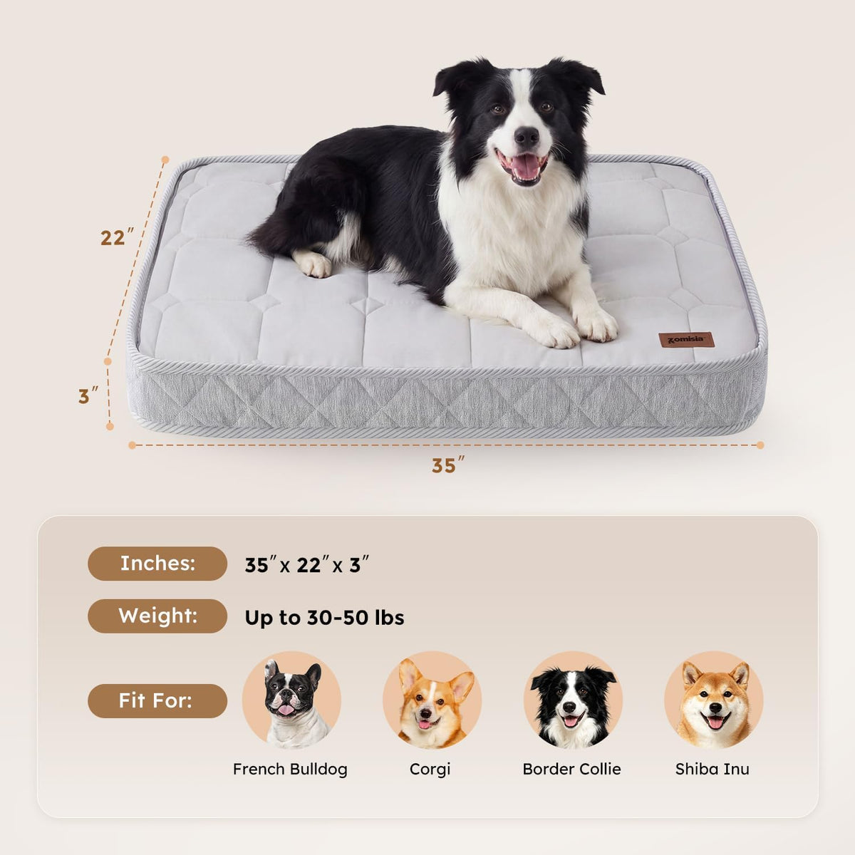 ZOMISIA Q-Max 0.5 Orthopedic Cooling Dog Bed for Crate, Reversible Warm & Cooling Dog Mattress for All Season 3" Thick Egg Crate Foam Pet Bed with Detachable Non-Slip Bottom, Waterproof Cover