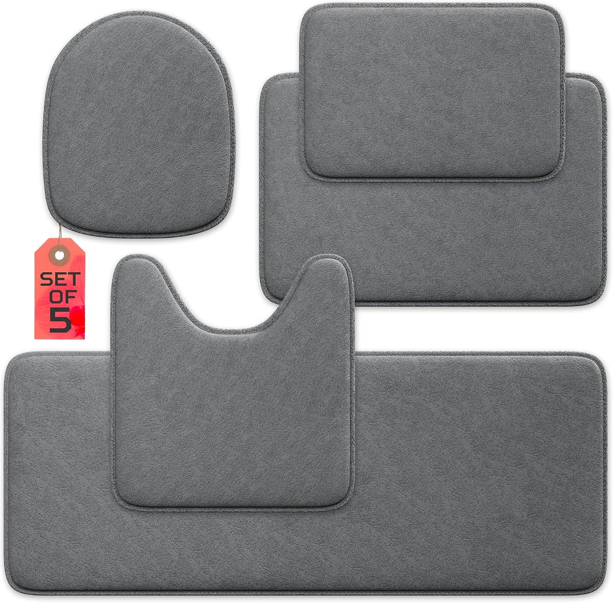 5-Piece Memory Foam Bathroom Rug Set, Non-Slip - Gray