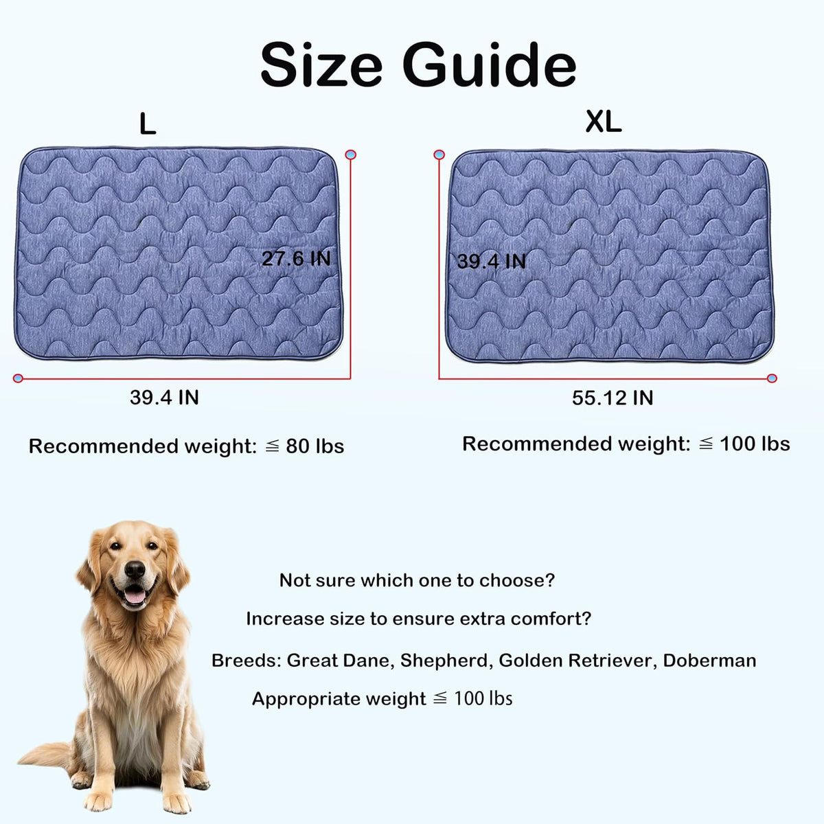 Dog Cooling Mat for Large Dogs & Cats, 55 X 39 in Washable Pet Cooling Pad, Double-Sided Soft Mat with Waterproof Reverse Side, No Gel, Water or Electricity, for Crate, Sofa, Floor & Car (Blue, XL)