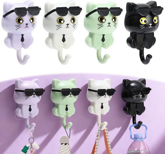 4 PCS Cat Key Holder, Waterproof Cat Hooks for Wall with Gravity Design, Cats with Sunglasses Decoration No Drill Adhesive Cute Key Holder for Keys, Towel, Scarf, Bags (Black White Green Purple)