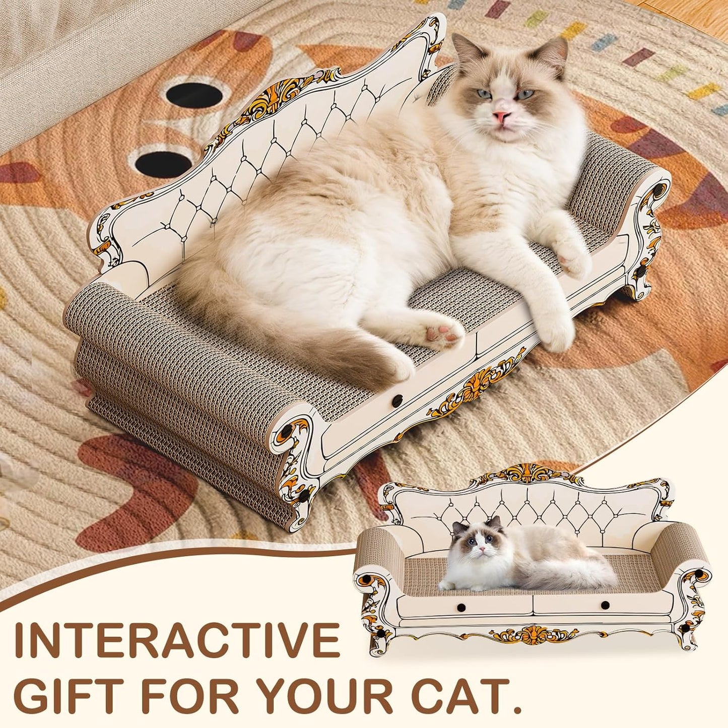 Cat Scratcher Bed,Sofa-Shaped Cat Scratcher Couch, Large Luxury Durable Cardboard Sofa Scratcher Pad Furniture Protector for Indoor Cats Scrach,Rest and Play,23.6 Inches,Beige