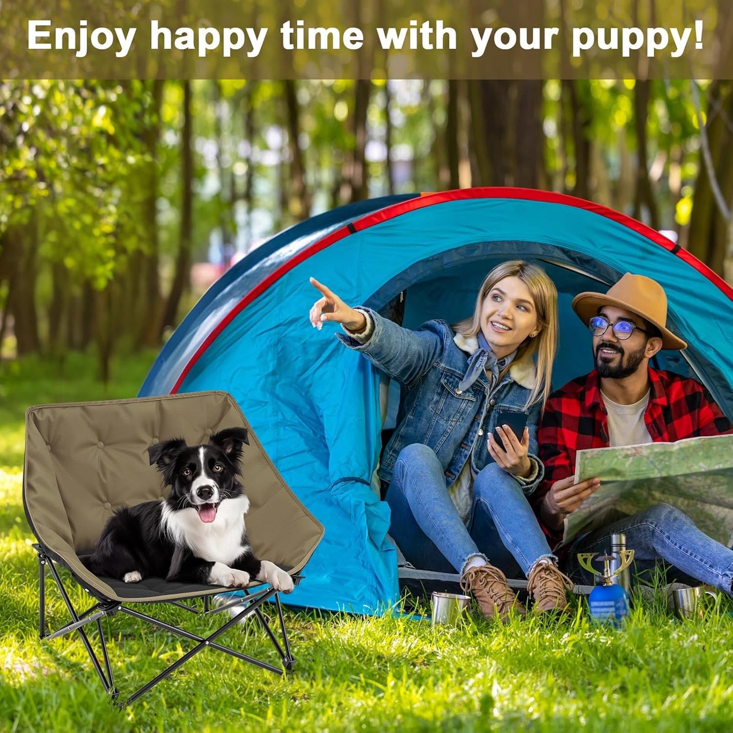 Croblissful Portable Dog Camping Chairs for Dogs Raised Pet Bed for Outdoor Folding Chair Patio Lazy Puppy Cot Heavy Duty Pet Camping Gear(28X 24 X 22 Inches,Brown)