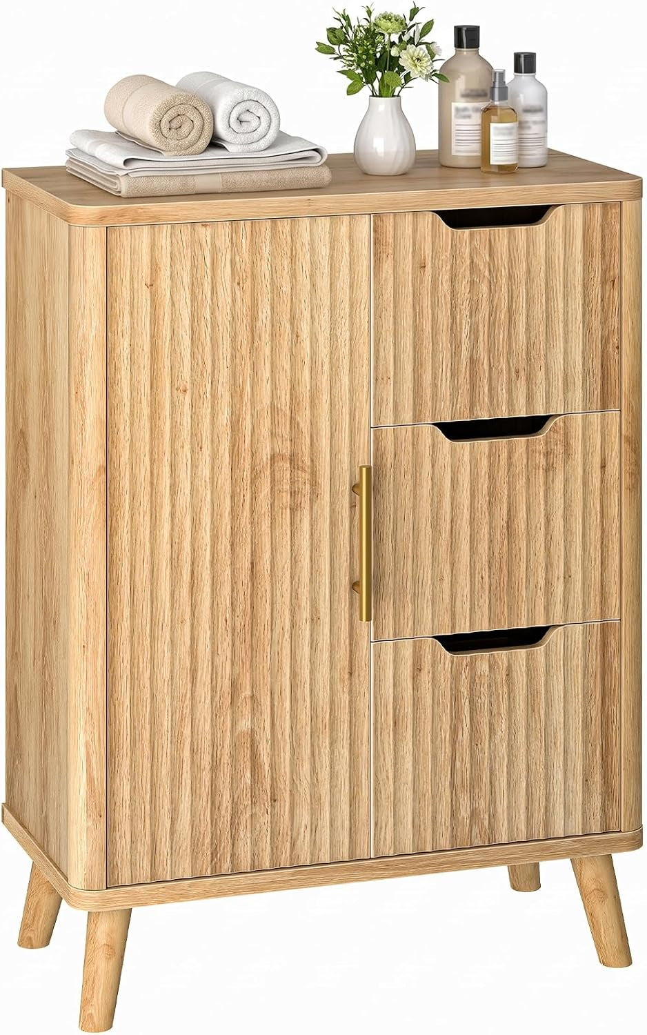 CHOEZON Bathroom Cabinet, Fluted Bathroom Storage Cabinet, Freestanding Floor Cabinet with Door Shelves, Drawers & Adjustable Shelf, Modern Bathroom Organizer for Bathroom, Kitchen, Natural