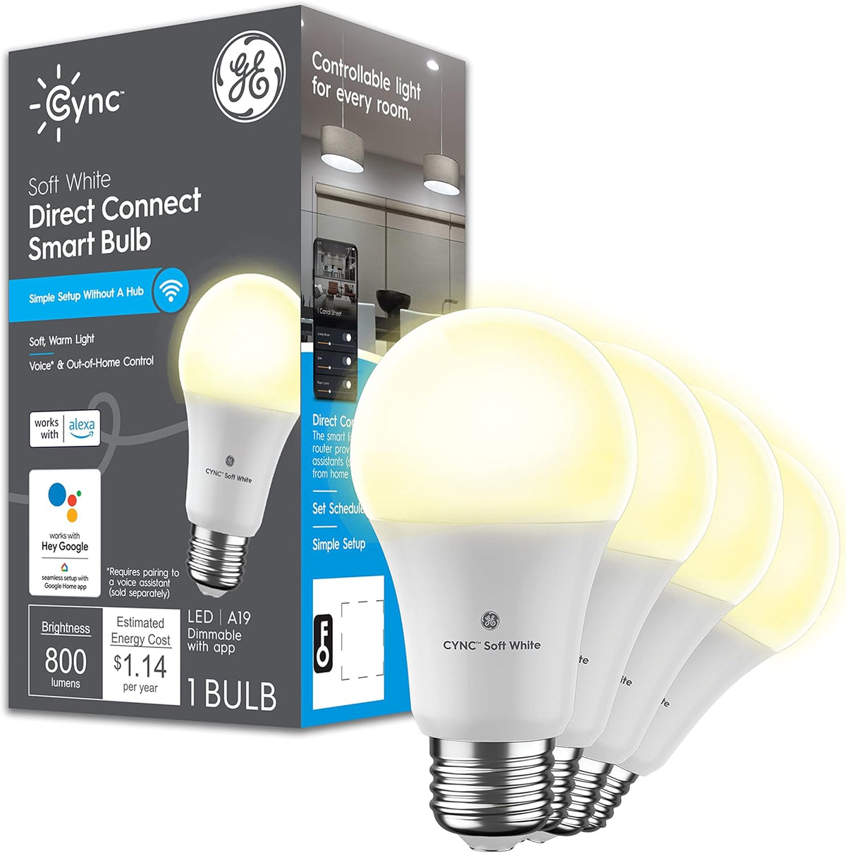 GE CYNC A19 Smart LED Light Bulbs, Bluetooth and Wifi Light