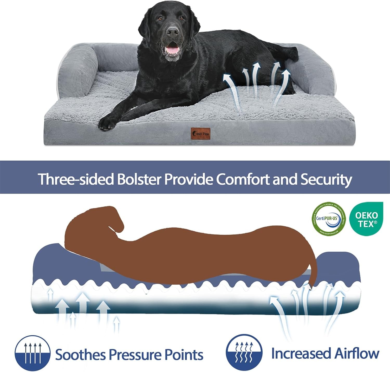 Orthopedic Dog Beds for Extra Large Dogs, Waterproof Egg Crate Foam XL Dog Bed with Sides 45X35Inch, Big Dogs Couch Beds with Removable Washable Cover and Nonskid Bottom, Grey