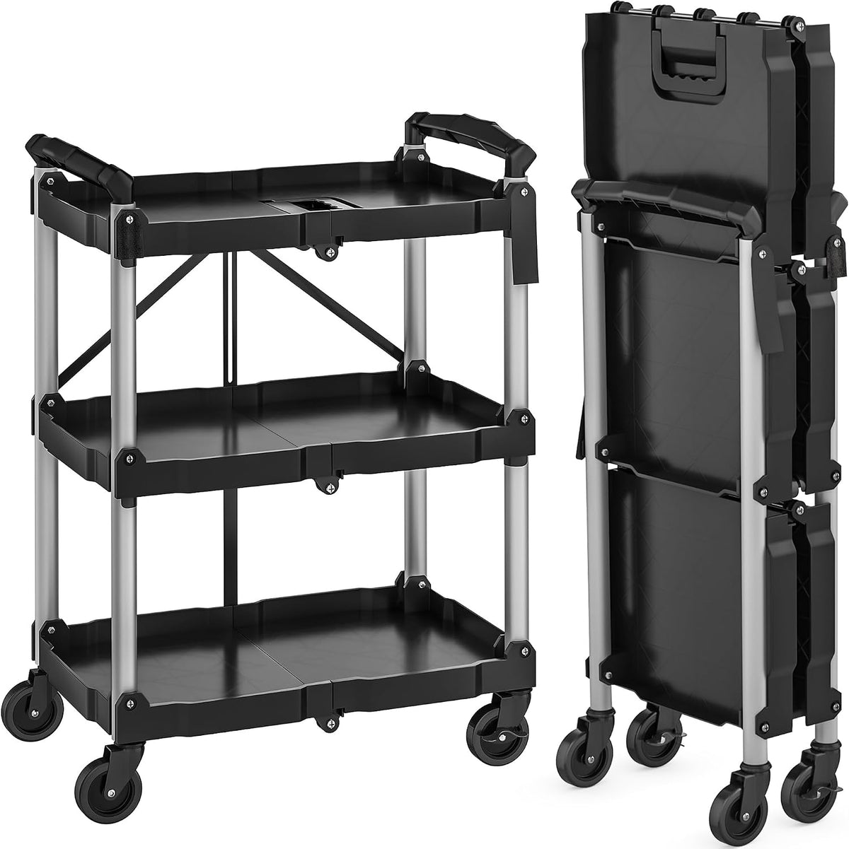 YITAHOME 3-Tier Folding Utility Cart with Wheels (2 Brakes), 240Lbs