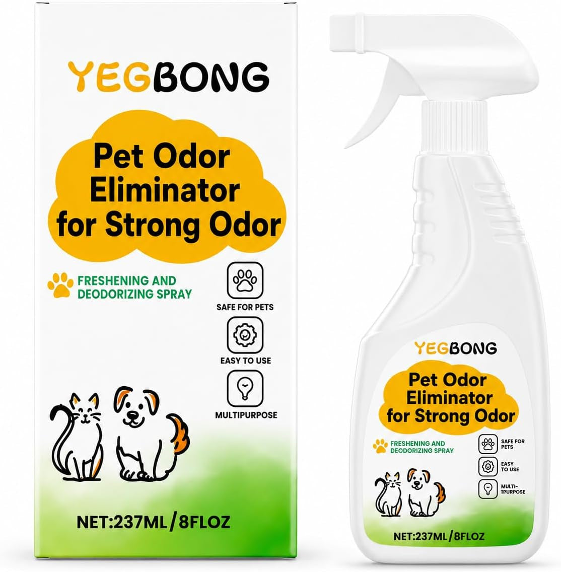 Pet Odor Eliminator Spray for Strong Odors, Cat Dog Litter Odor Remover, Pet Smell Neutralizer for Home, Carpet, Furniture & Fabric, Car Interior, Quick Drying Deodorizing Spray, Air Freshener, 8 Floz