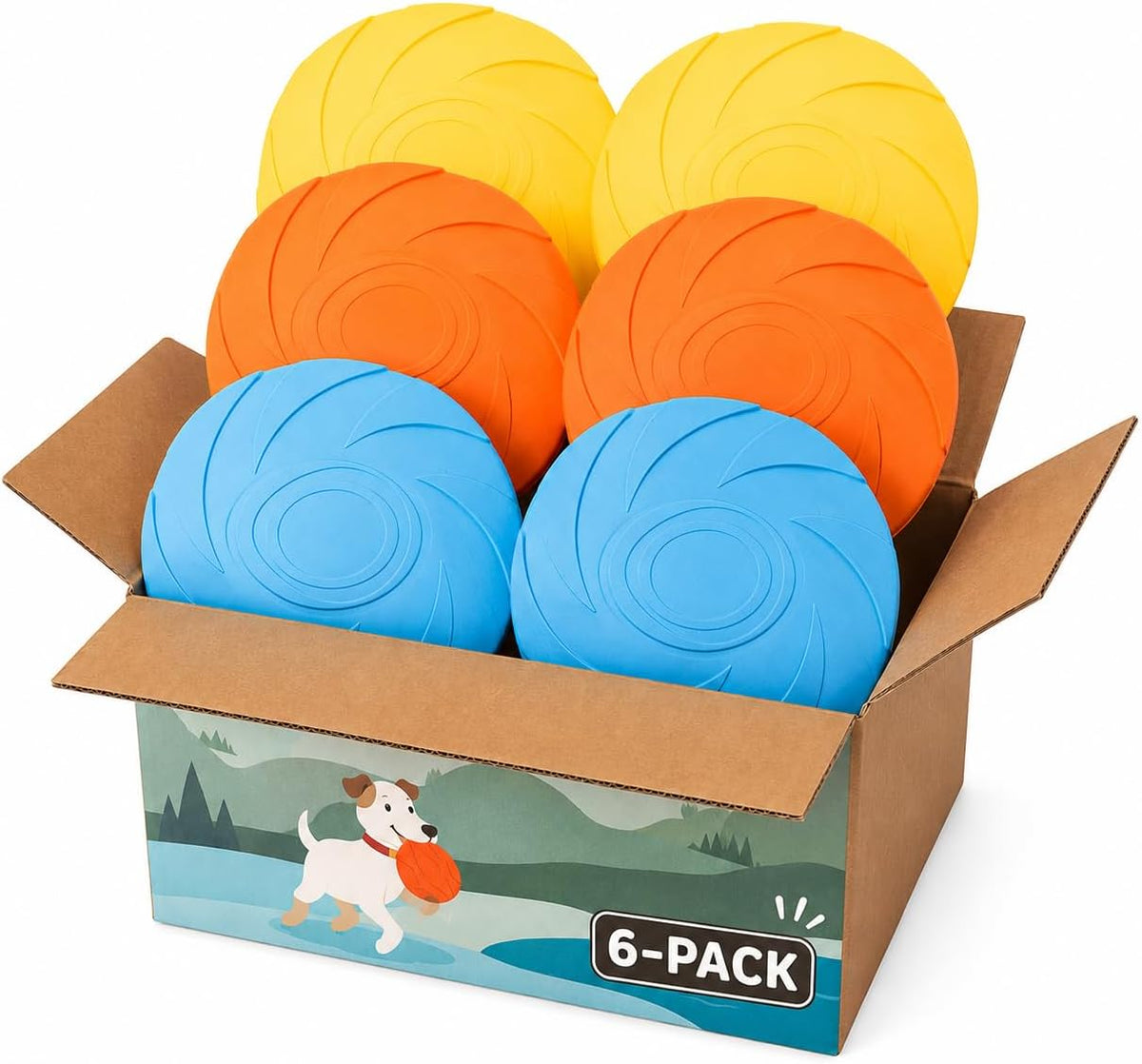 Cosmo’S Club House Fly N’ Float Disc Dog Toy Pack, Durable Floating Natural Rubber Fetch Toys for Dogs, Water & Outdoor Play, 6 Pack (2 Blue, 2 Orange, 2 Yellow)