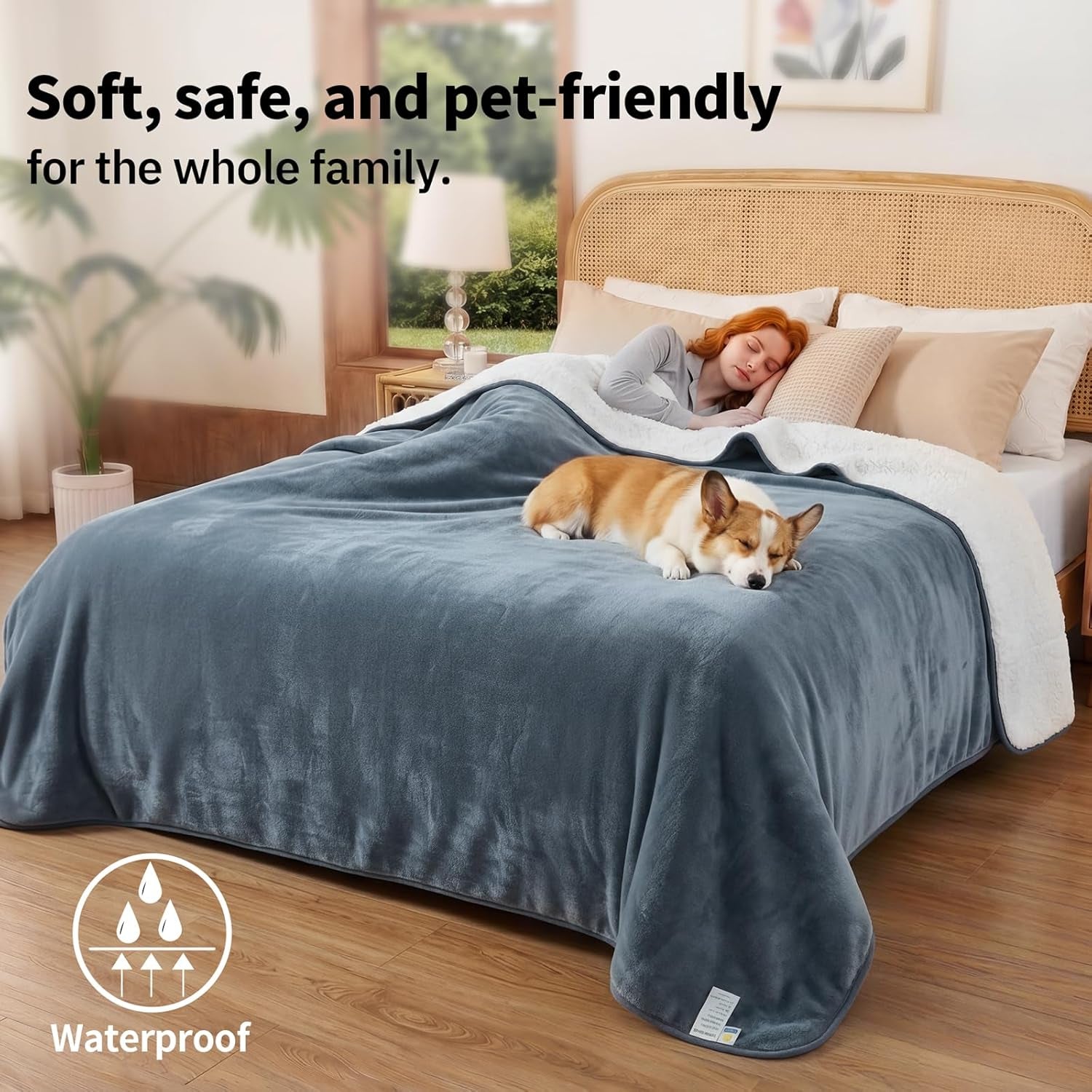 Sunheir Waterproof Blanket for Bed, Reversible Sherpa Fleece Dog Pet Blanket, Leakproof Spill-Proof Puppy Blankets for Small Dogs, Couch, Furniture Protector, Travel, Camping, 25"X35", Grey