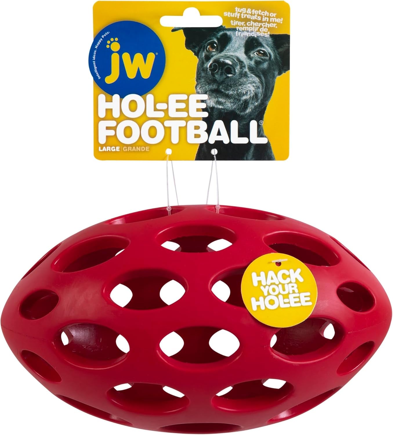 JW Pet Hol-Ee Football Dog Toy Puzzle Ball, Natural Rubber, Large (9 Inch Length), Colors May Vary