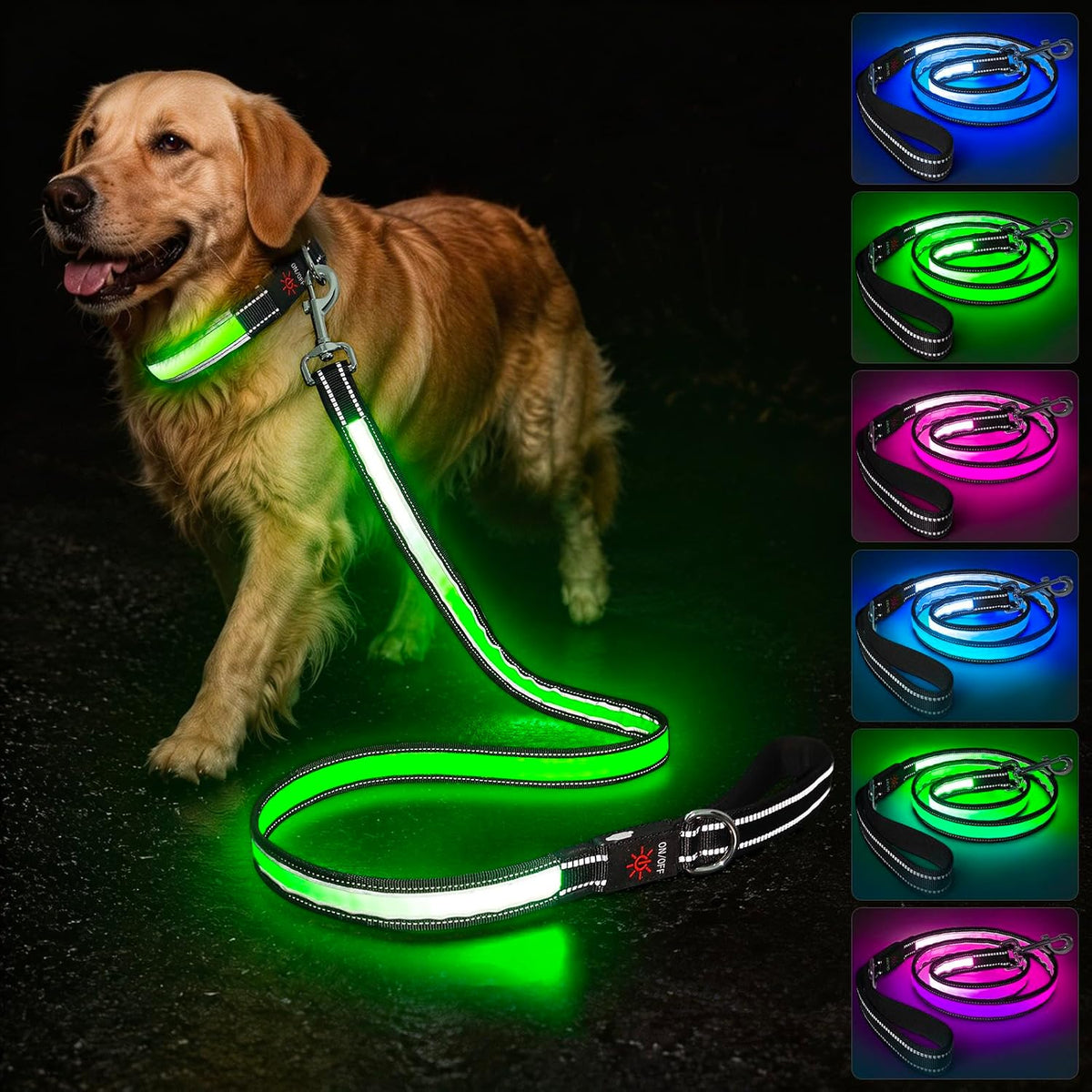 5 Ft LED Dog Leash, Light up & Lighted Dog Leash, 7 Lighting Modes, Glow in the Dark, Reflective, Double-Sided Light, Rechargeable with Padded Handle for Night Walking Safety, Small to Large Pets