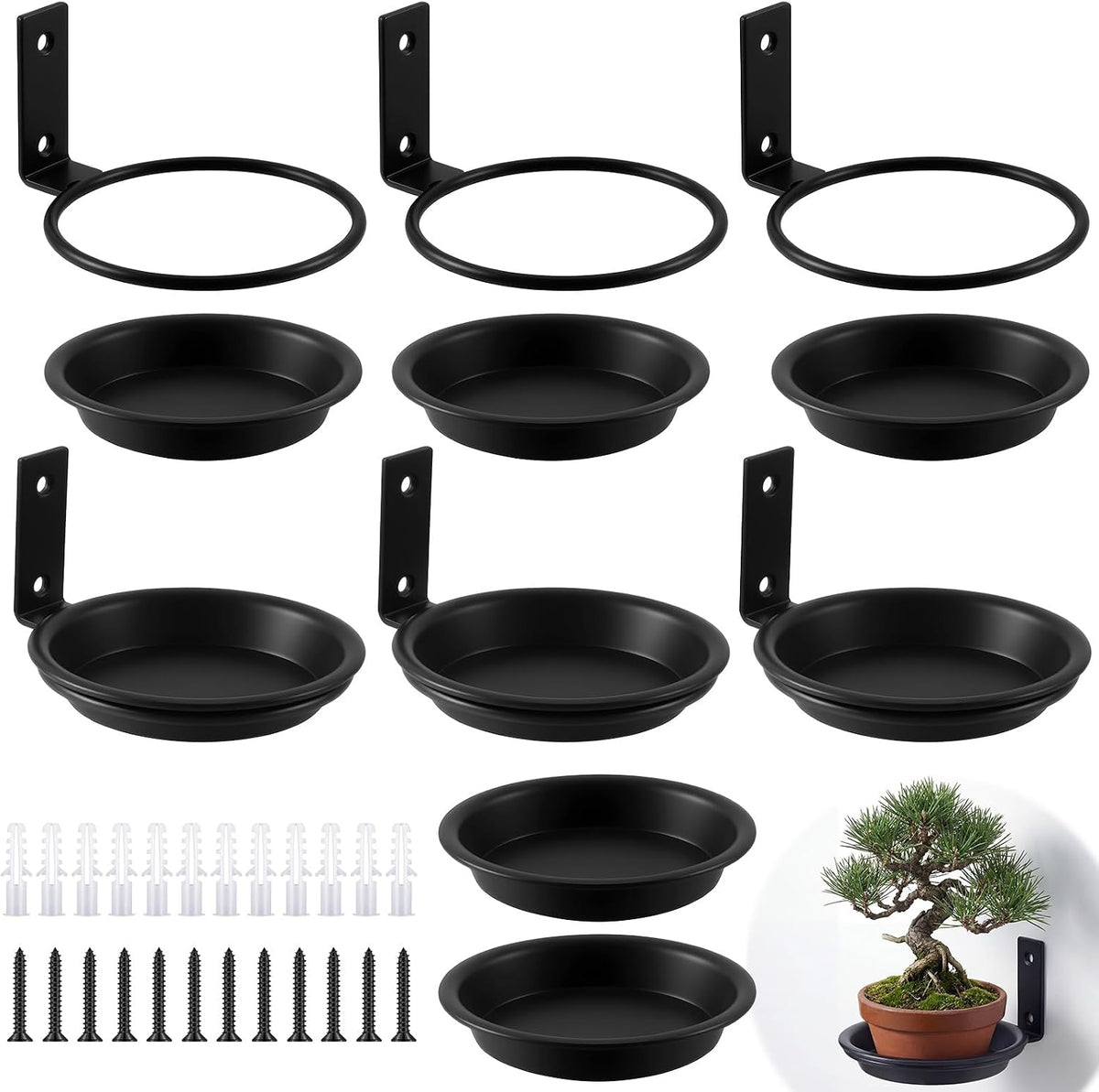 6 Pack Wall Mount Plant Holder with 8 Replaceable Trays, Black, 4 Inch