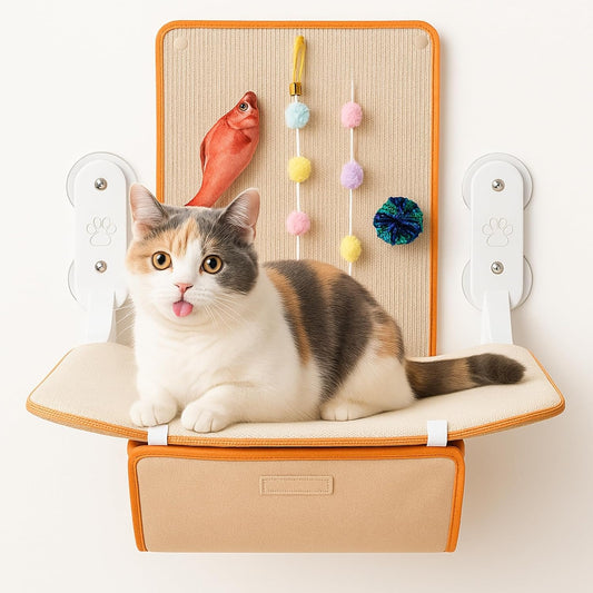 24 Inch Cat Wall Scratcher Pad with Hamock Seat Set with Toys – Hanging Sisal Scratch Board Kit for Indoor Cats, Includes Catnip Fish & Teaser Ball