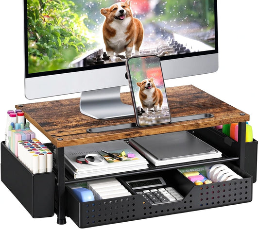 Wood Desk Organizers and Accessories, 2-Tier Computer Monitor Stand Riser with Drawer, Pen Storage & Phone Holder, Office Desk Accessories, Workspace Desktop Organization for Office Supplies
