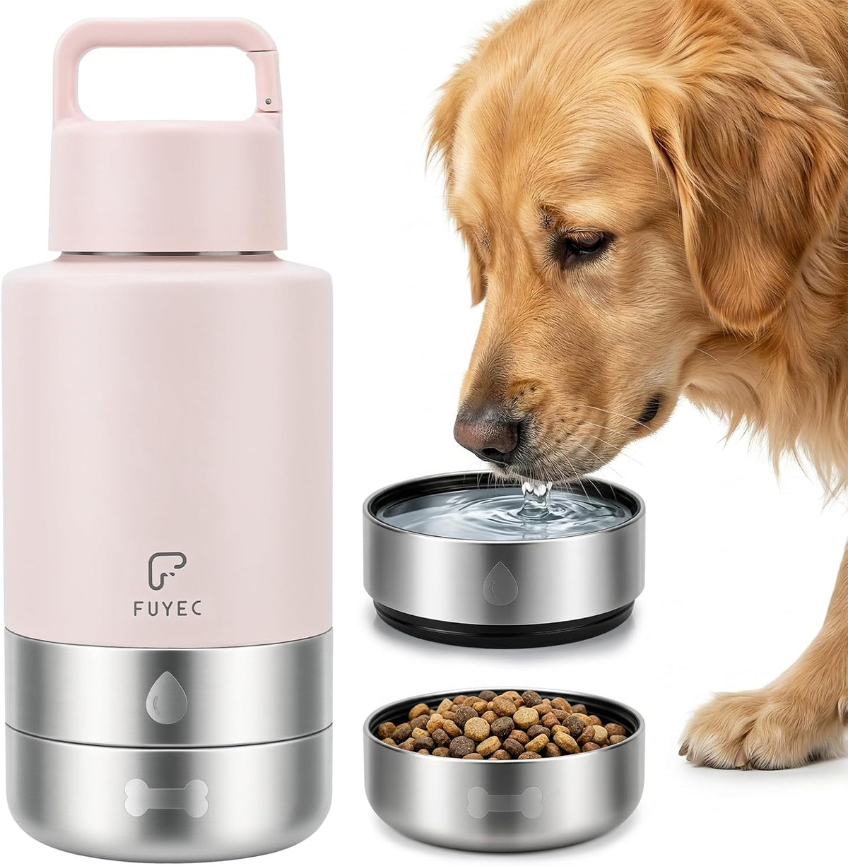 32Oz 3-In-1 Dog Water Bottle Stainless Travel Cup with 2 Bowls,Pink