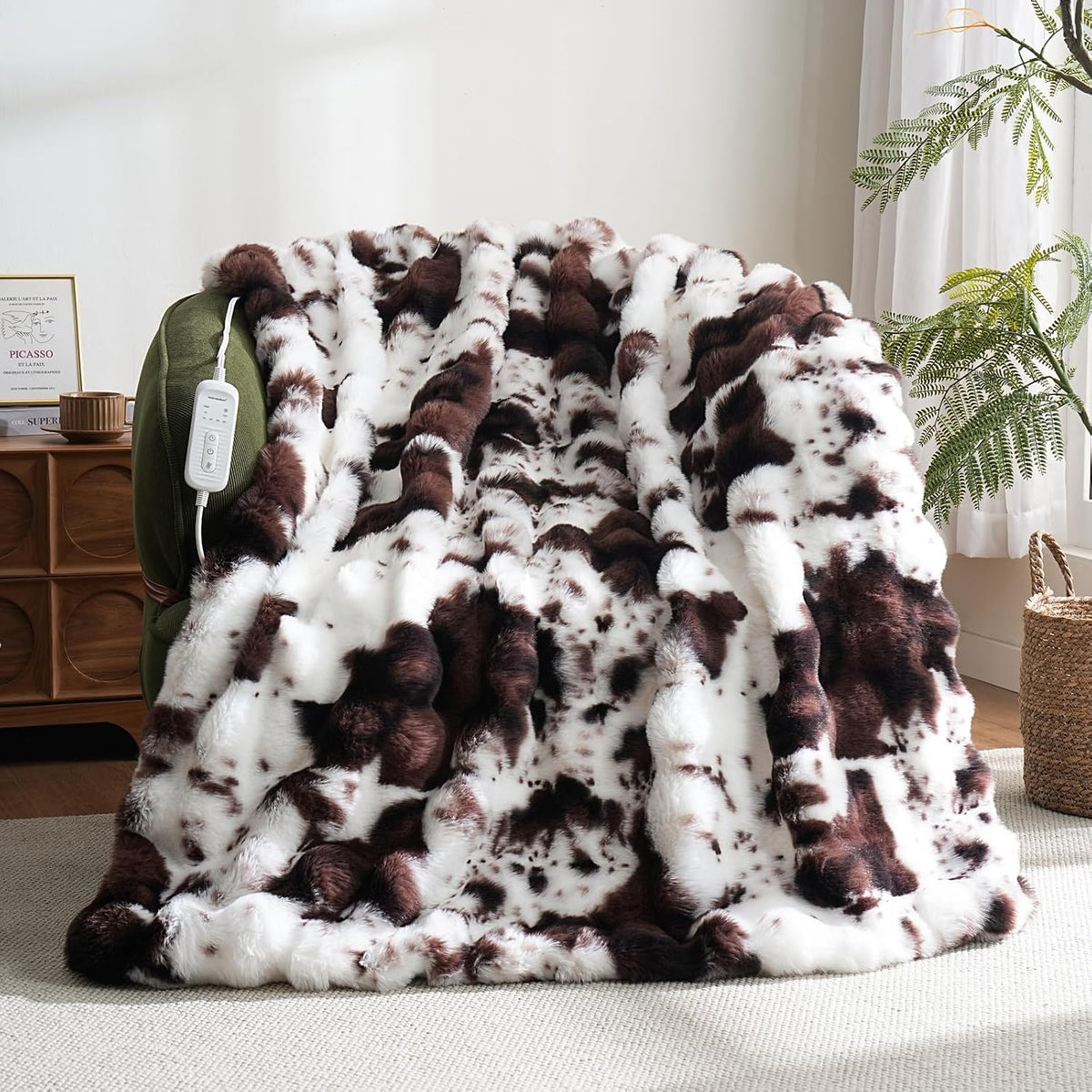Cow Print Heating Throw Blankets Luxurious Western Soft Bubble Faux Rabbit Fur 8 Heat Settings Overheat Protection Quick Heating Electric Heated Blanket 50"X60"(Brown)