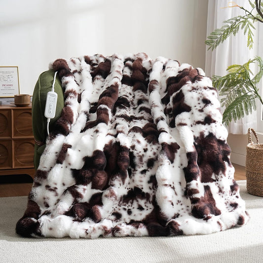 Cow Print Heating Throw Blankets Luxurious Western Soft Bubble Faux Rabbit Fur 8 Heat Settings Overheat Protection Quick Heating Electric Heated Blanket 50"X60"(Brown)