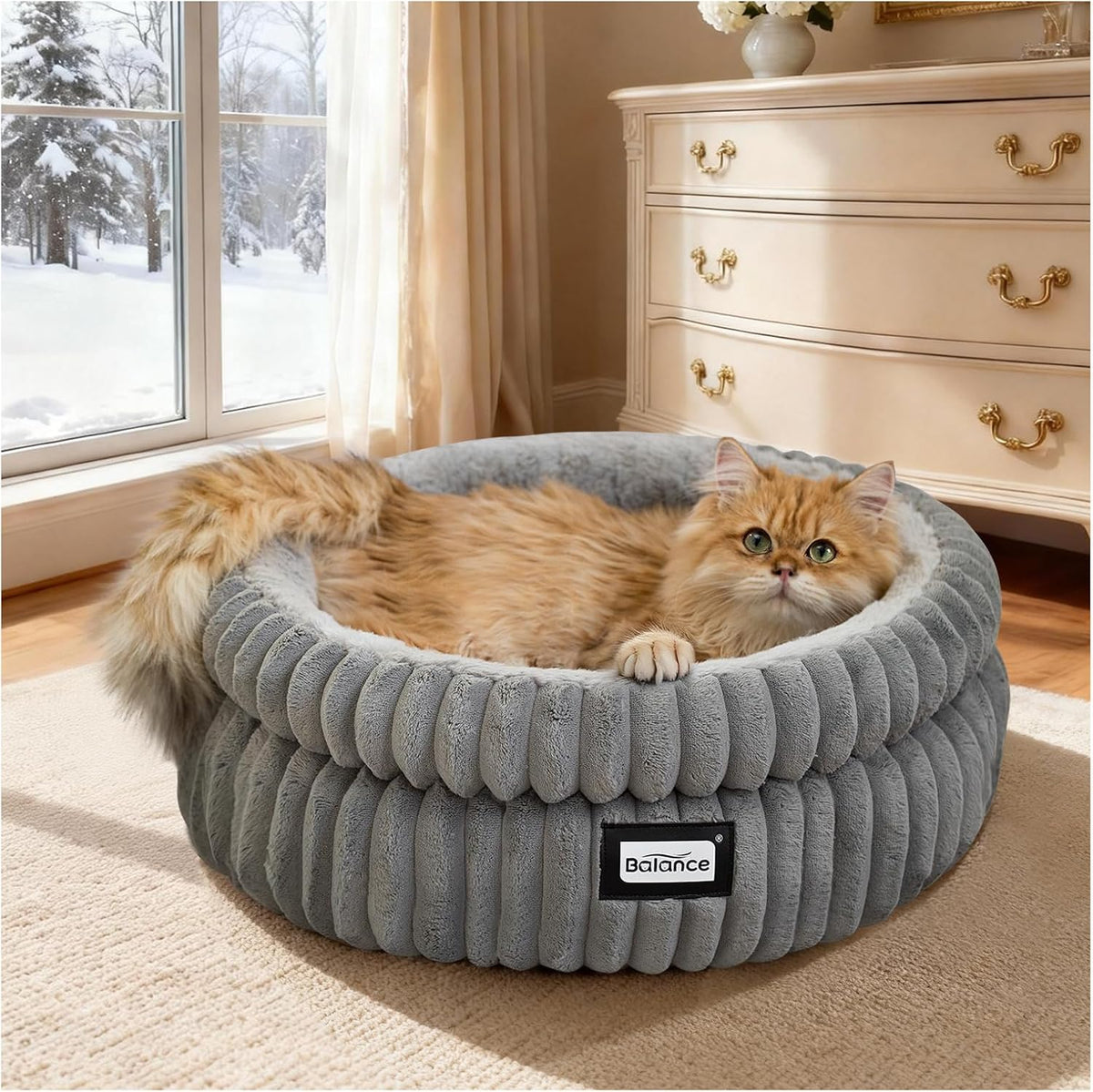BALANCE Cat Bed Kitten Bed, Washable round Cat Beds for Indoor Cats, Super Soft Plush Faux Fur Pet Bed for Puppy and Kitten with Anti-Slip Bottom