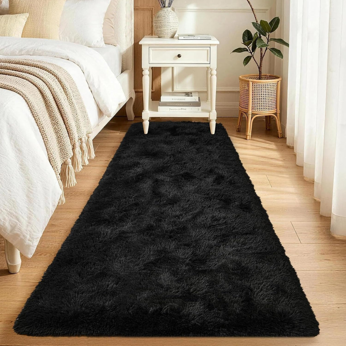 Noahas 2X6 Black Fluffy Soft Runner Rug Non-Slip for Bedroom Dorm Hallway