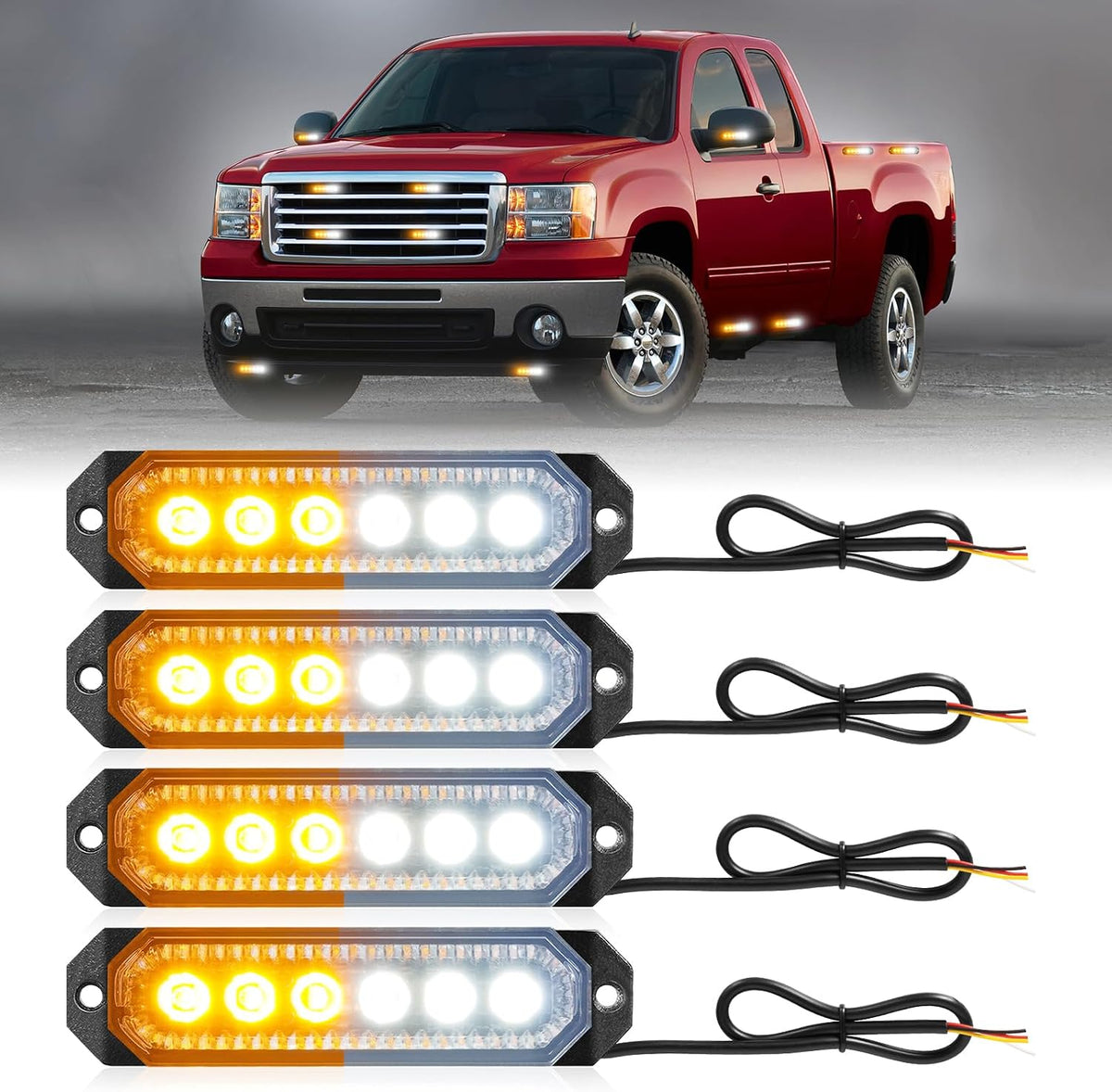 Hlauto 4Pcs 6LED Strobe Grille Lights Surface Mount Hazard Lights