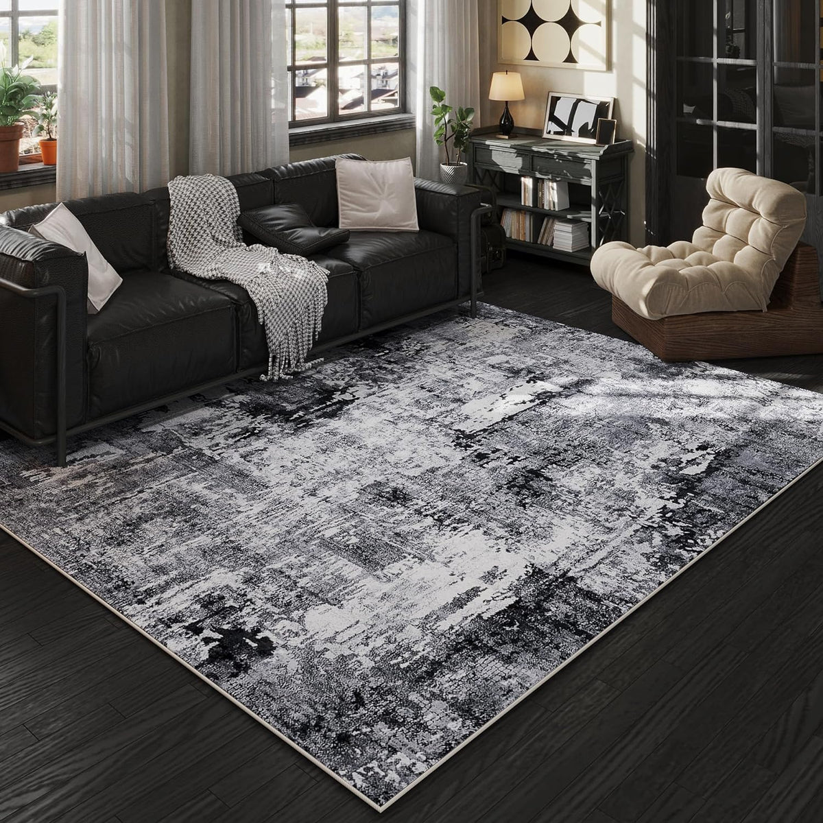 Rugcomf Area Rug 5X7 for Living Room Washable Abstract, Grey and Black