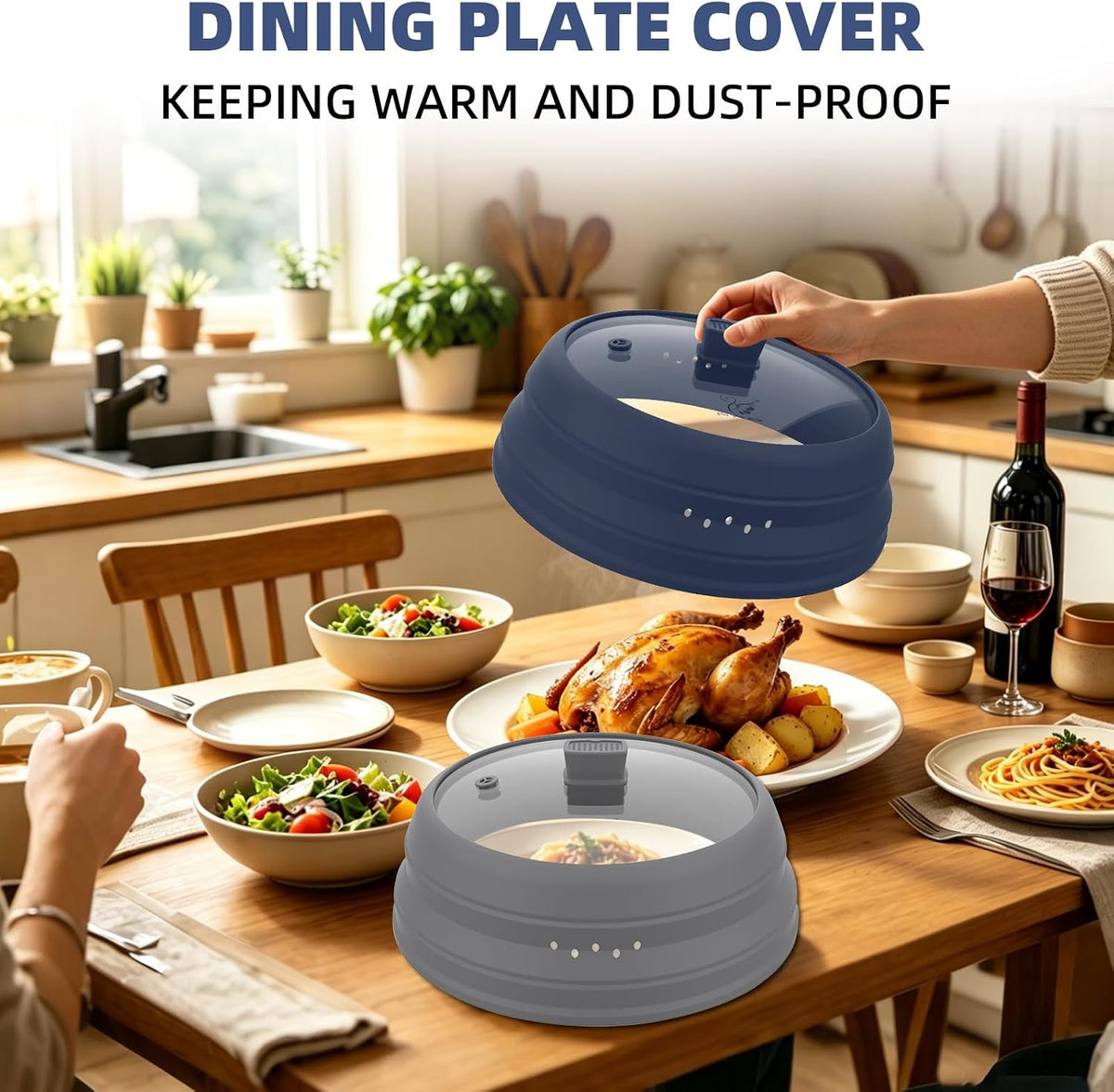 Microwave Splatter Cover Glass Guard Lid with Collapsible Silicone for Food Pot Plate Cover 9.8 Inch Dark Blue